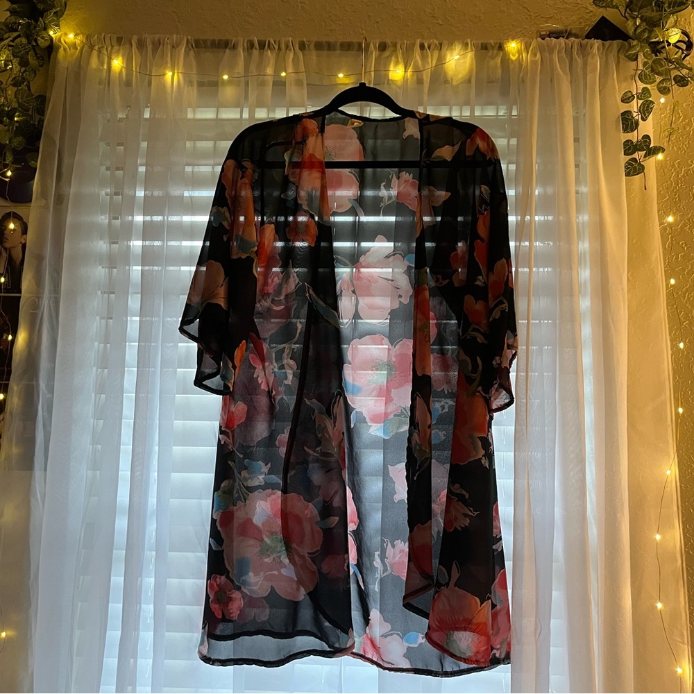 Black Cardigan with Pink Flowers